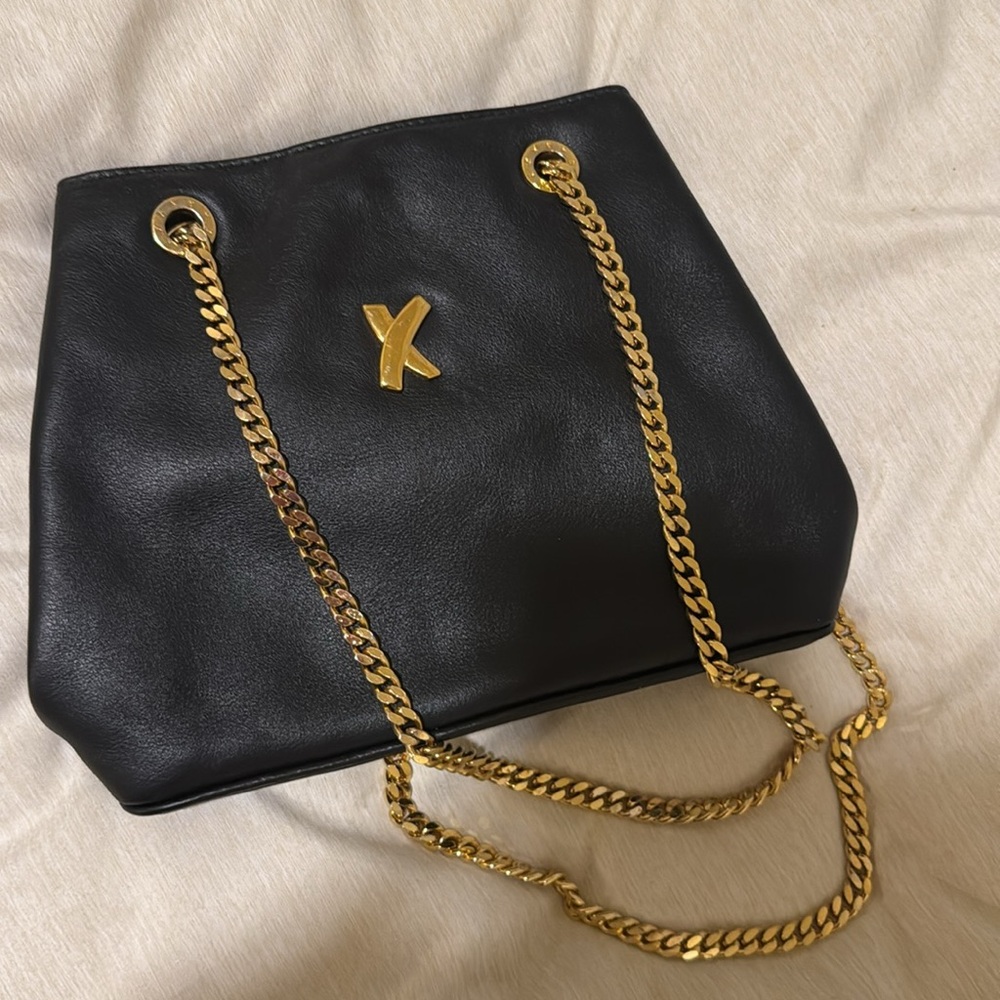 Paloma Picasso Black Leather Shoulder Bag with Gold Chain
